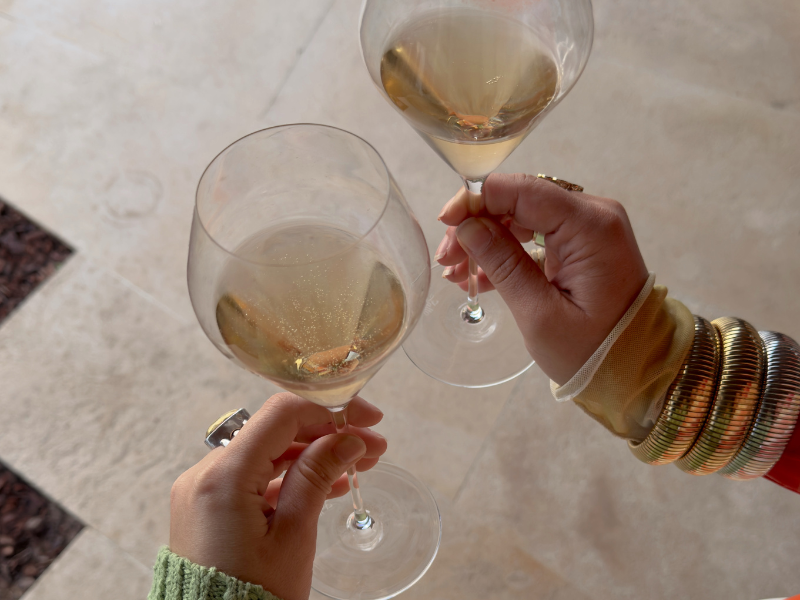 Two glasses of white wine in cheers position