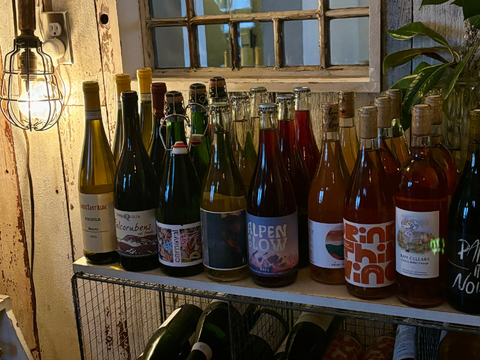 wine bottles on a shelf