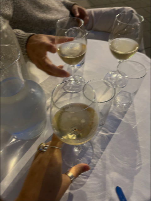 Two people holding wine glasses with a bottle of water on a checkered tablecloth.