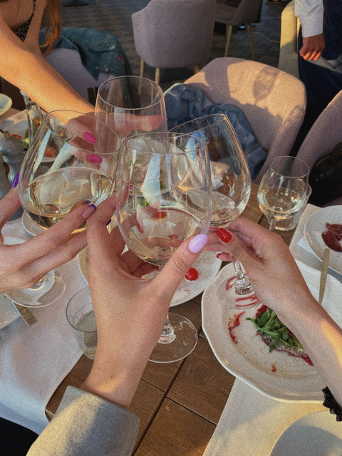 People toasting with wine glasses at a dinner table